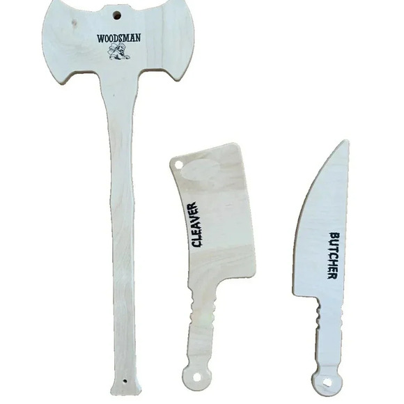 NEW 3x Wooden Costume Weapons Wooden Axe, Butcher Knife & Cleaver *USA Made - Picture 1 of 4
